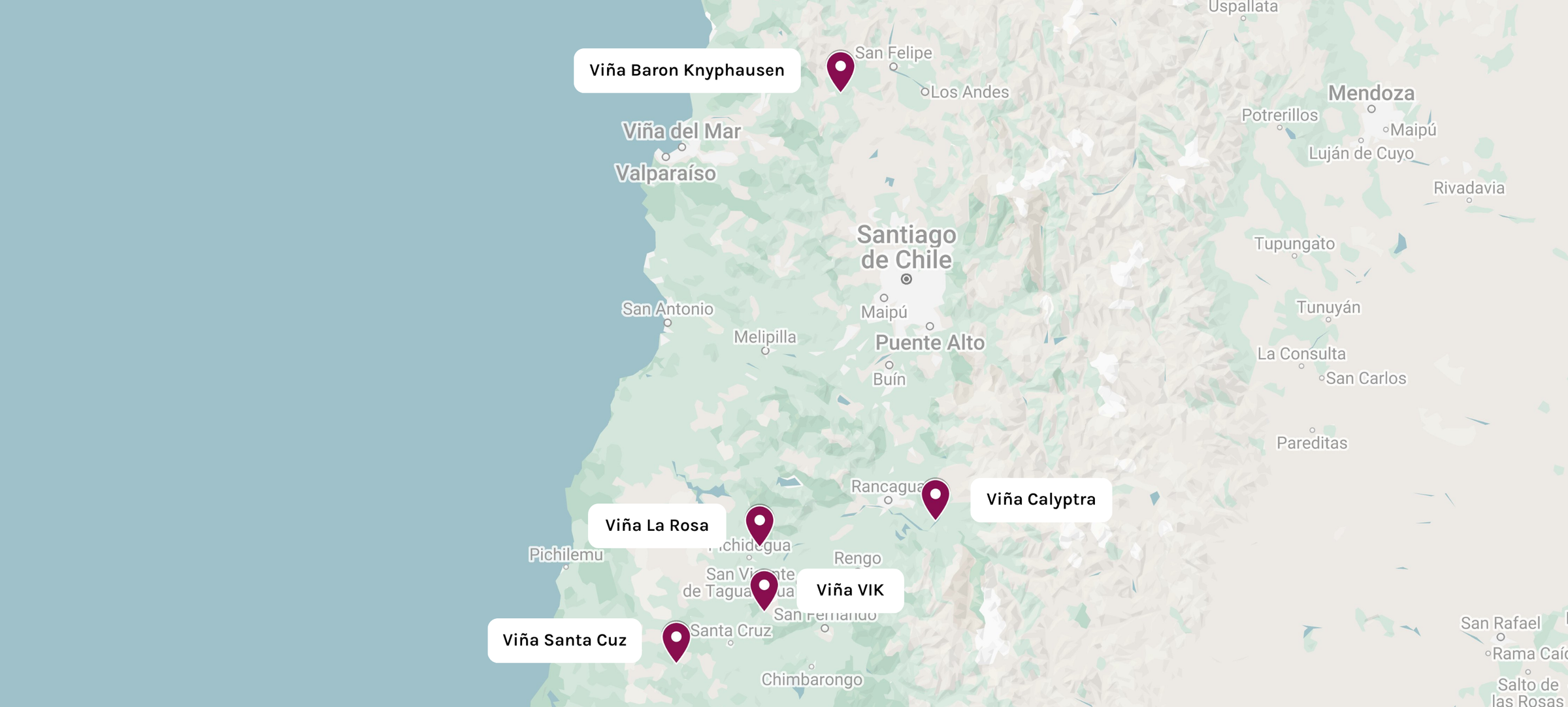 Map of vineyards in Chile, highlighting locations such as Viña Baron Knyphausen, Viña La Rosa, Viña Calyptra, Viña VIK, and Viña Santa Cruz.