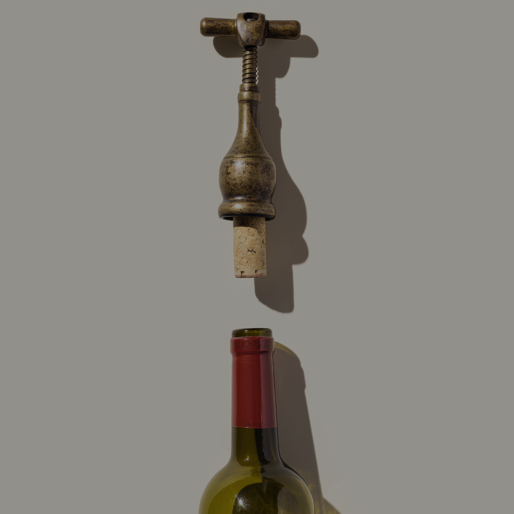 Vintage corkscrew with a cork hovering above a bottle of red wine, set against a neutral background with soft shadows.